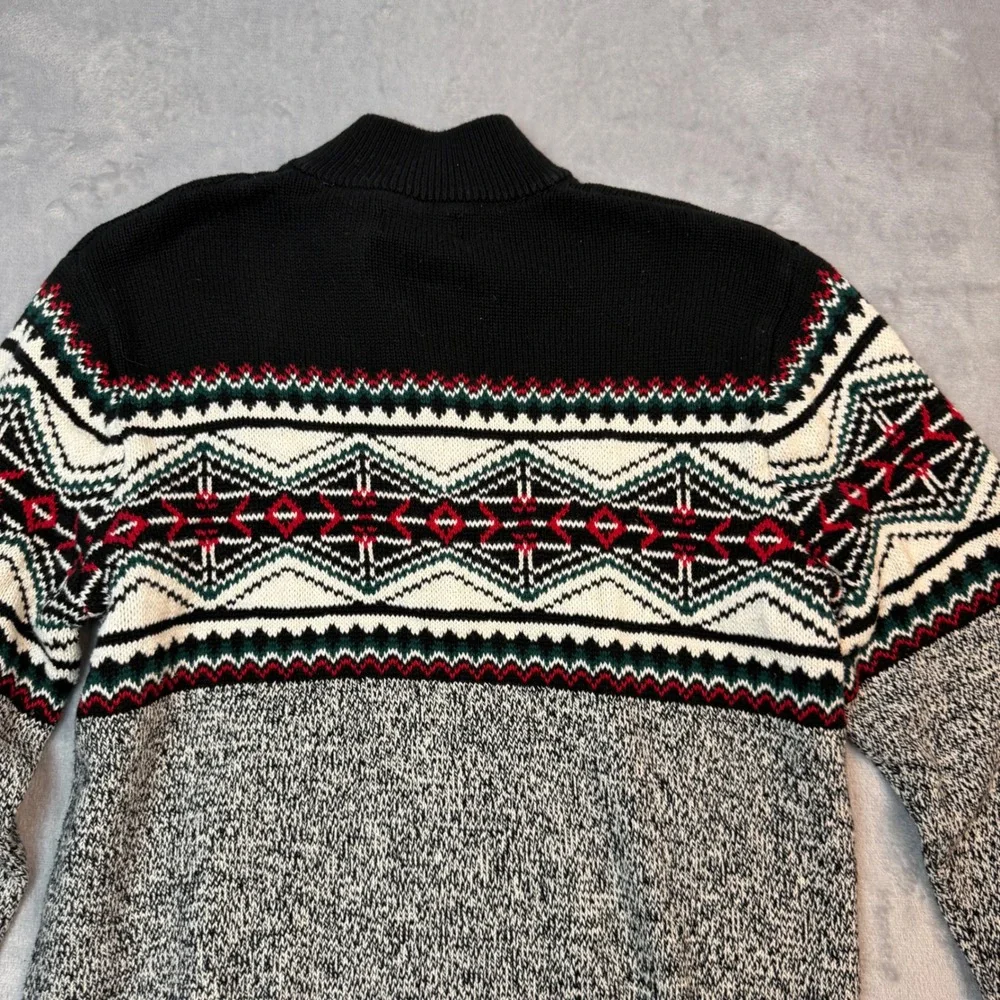 Chaps Sweater Mens Large Black Gray Fair Isle Mock Neck Button Pullover Knit